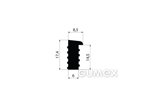 "T" Gummiprofil, 17,4x8,5/6mm, 70°ShA, EPDM, ISO 3302-1 E2, -40°C/+100°C, schwarz, 
